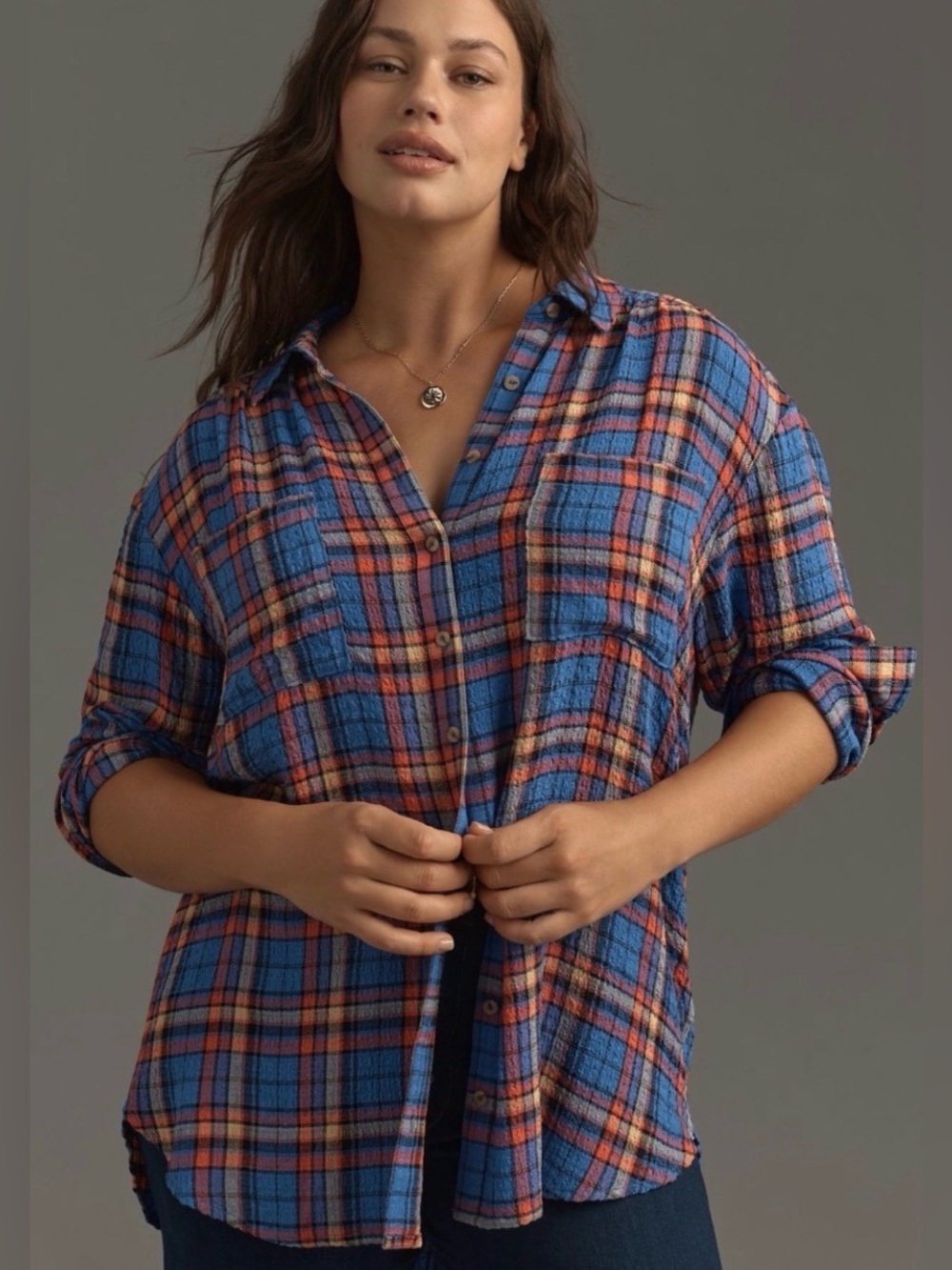 Anthropologie The Hadley Relaxed Buttondown Shirt by Pilcro in Blue Plaid, XL